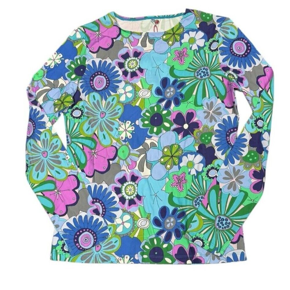 Celia B Sz L Top Blue Rinnes Floral Retro Retro Designer Hippie Boho Apres Ski